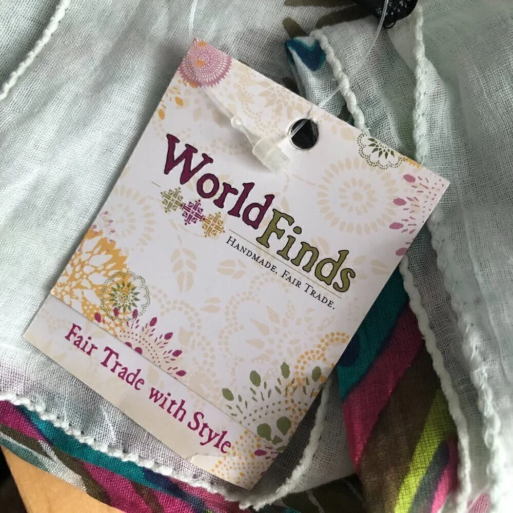 World Finds Fair Trade Scarf Blue Flame Stitch Screen Print Hand Crafted NWT